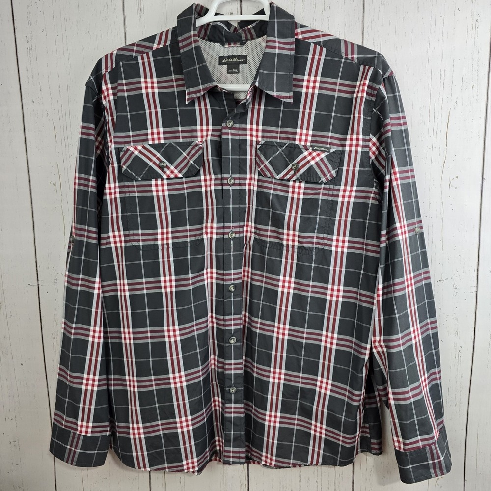 Eddie Bauer Men's 2XL Button Up Long Sleeve Lightweight Shirt Plaid Gray Red